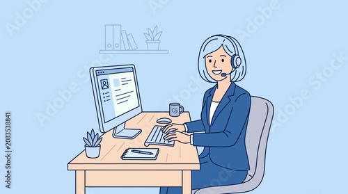 Dedicated customer service professional with a headset is actively providing online support, efficiently assisting clients from her modern computer workstation