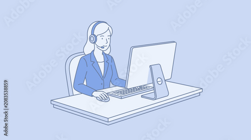 Female customer support agent wearing headset working on computer in call center minimal line vector illustration