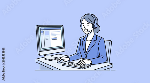 Customer service representative working at a computer wearing a headset, illustration for support and assistance