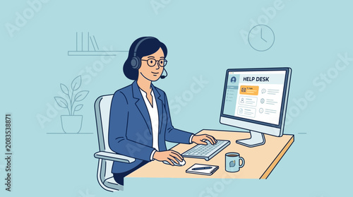 Customer service representative working at help desk with headset and computer