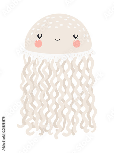 Cute little jellyfish illustration isolated. Kawaii cartoon character. Wild a...