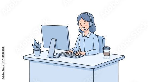 Customer service representative wearing headset and typing on computer at desk with coffee cup and plant