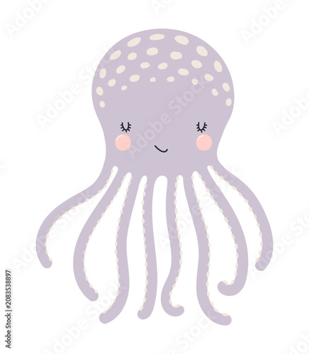 Cute little octopus illustration isolated. Kawaii cartoon character. Wild ani...