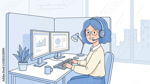 Professional female employee working in a modern office as a customer support agent with dual monitors and a headset