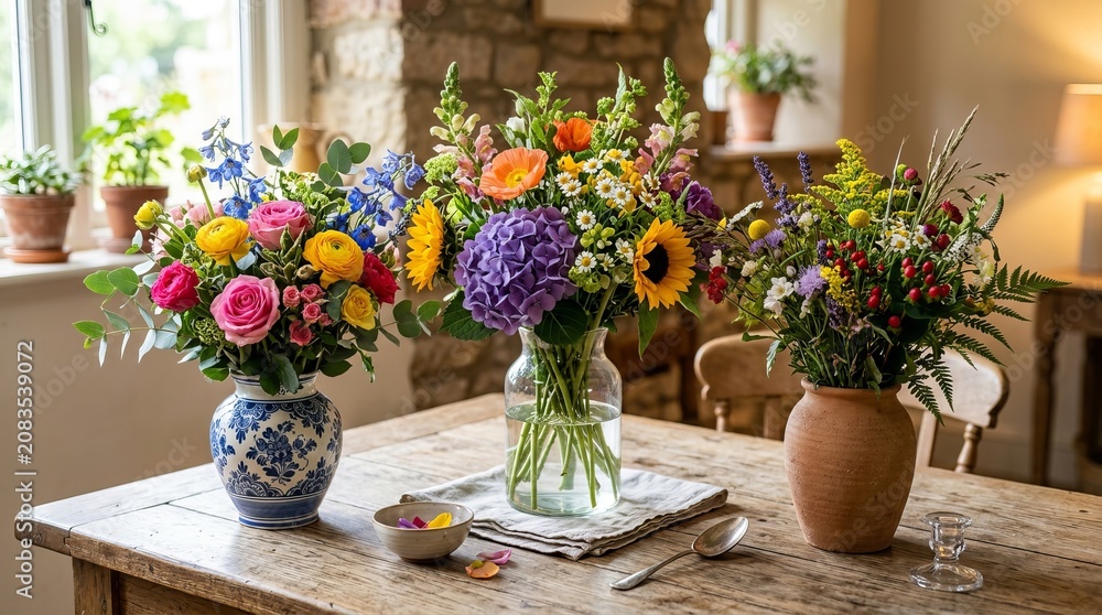 Fototapeta premium Colorful bouquet of fresh flowers arranged on a rustic wooden table indoors.
