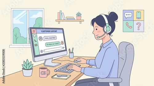 Customer support agent providing online assistance and problem-solving via a computer chat interface, ensuring efficient service and high user satisfaction