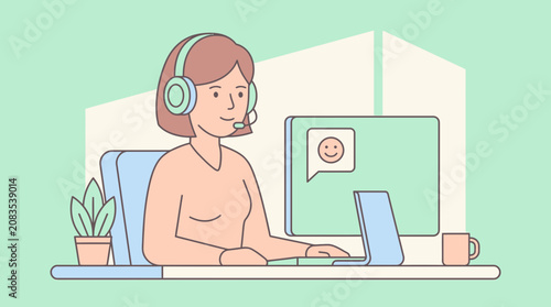Female customer support operator providing help online at workstation with computer flat vector design