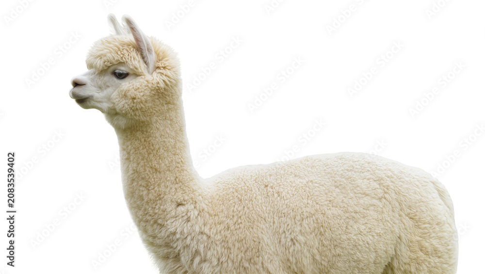 Fototapeta premium Creamy white alpaca with fluffy wool side profile