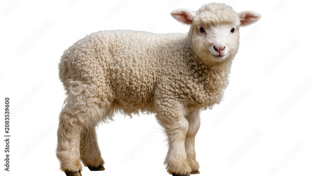 Fototapeta premium Fluffy white lamb standing on white