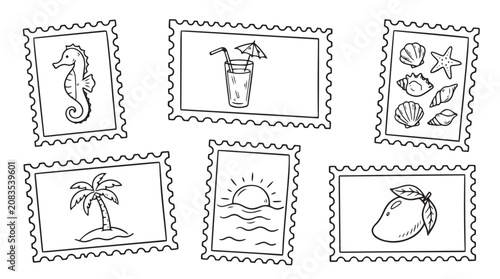 A collection of hand-drawn illustrations featuring tropical vacation and summer holiday themes, perfect for travel scrapbooking or decorative purposes