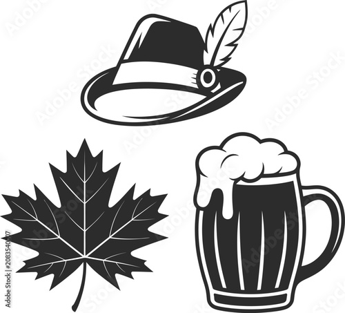 German hunting hat with feather maple leaf and frothy beer mug icons on white background