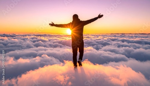 Woman Standing on Clouds at Sunset.