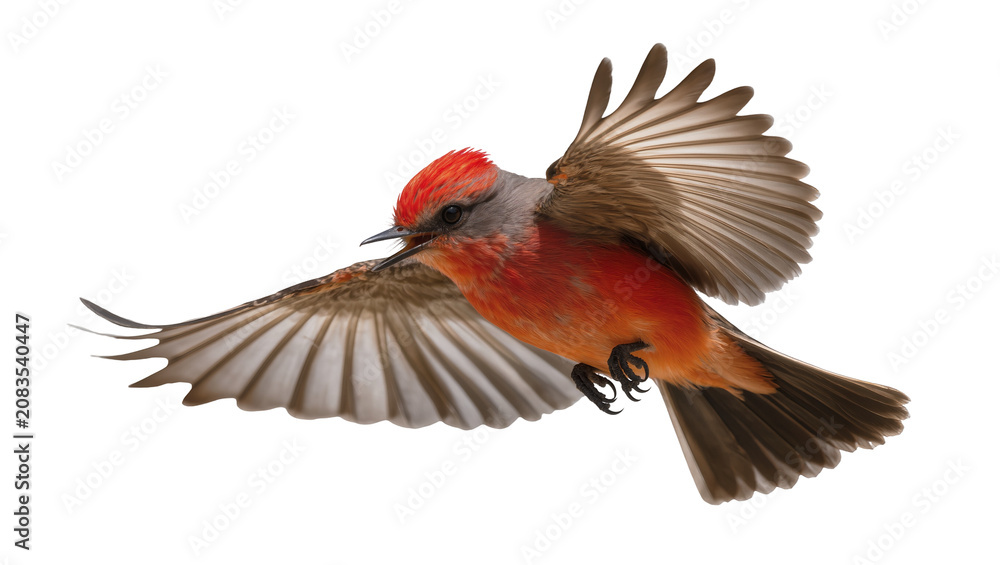 Fototapeta premium Vermilion Flycatcher bird in flight with wings spread