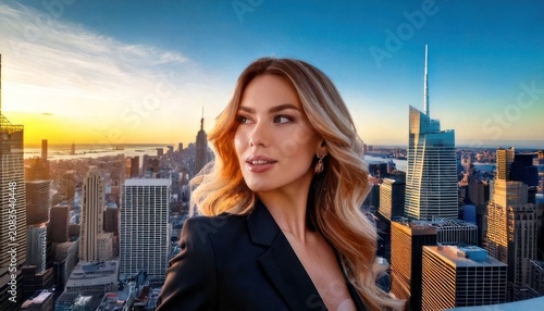 Elegant woman with cityscape backdrop at sunset in New York.