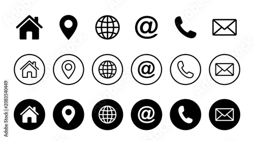 A collection of common contact icons including home, location pin, globe, email symbol, phone, and envelope in various styles.