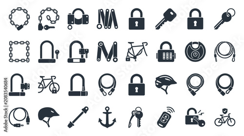 Monochrome Bicycle Lock and Security Key Icon Pack with Chain and U Lock Silhouettes Editable Stroke Set for Design Projects