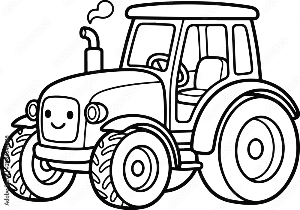 Obraz premium Cute Smiling Tractor Coloring Page for Kids Black and White Vector Outline