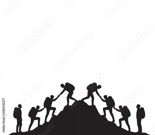 Silhouette group of hikers helping each other climb mountain peak teamwork, adventure, support, success, leadership and motivation concept vector illustration design