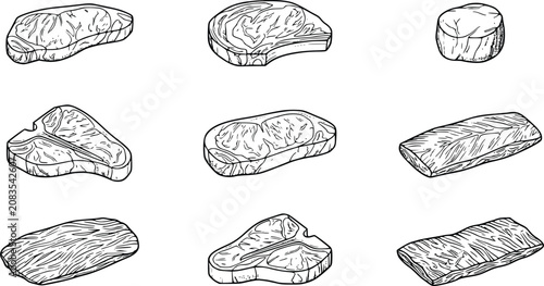 Foto Raw Meat Cuts Vector Icon Set – Beef Steak, Ribeye, T-Bone, Sirloin, Fillet, and