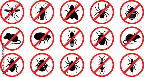 Foto Household Pest Control Icons Set with Insects, Spiders and Rodents in Red Circle
