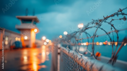 Immigration Detention Center Exterior at Dusk with Barbed Wire Fence