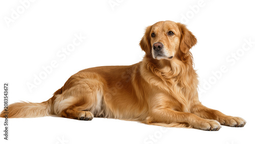 Fotografie Golden Retriever dog lying down attentive pose, full body