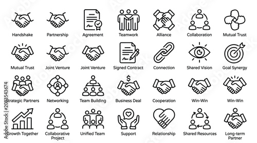 Business partnership handshake icons set representing teamwork collaboration joint venture mutual trust strategic alliance networking and successful cooperation.