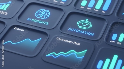 Analytics dashboard track business performance 3D render.