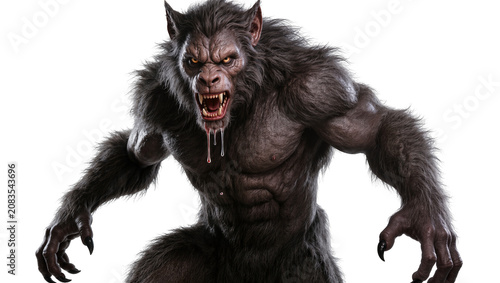 Fotografie Fierce werewolf with bared teeth and dripping saliva, muscular body covered in d