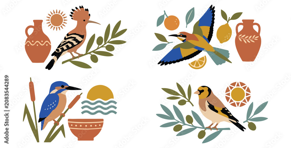 Obraz premium Set of four artistic nature compositions with colorful birds and Mediterranean pottery elements.