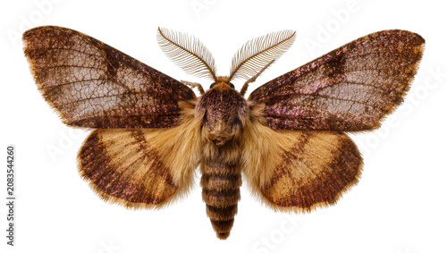 Photos Brown fuzzy moth with patterned wings and feathery antennae