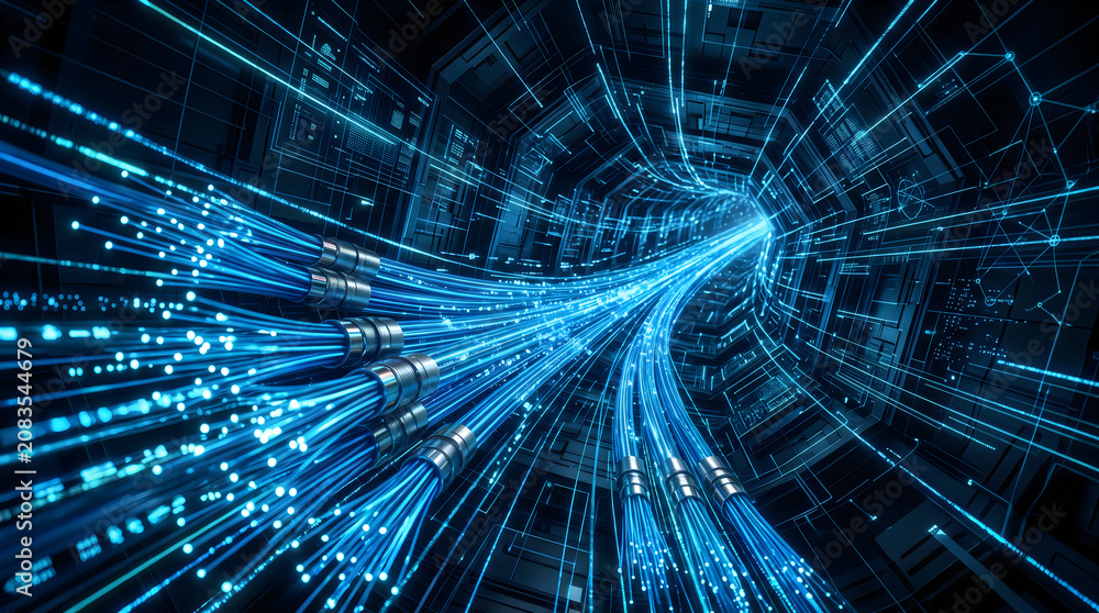 Fototapeta premium Data transfer through glowing blue fiber optic cables in high speed network with transfer technology communication