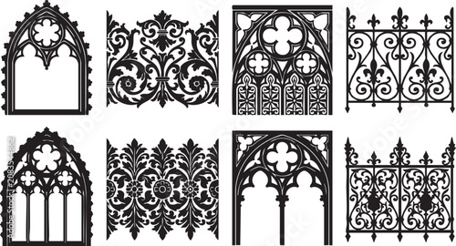 Foto Gothic Architectural Elements Vector Set with Cathedral Arches Ornate Windows an
