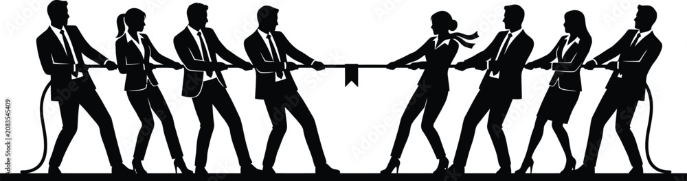 Obraz premium Professional business people in formal suits engage in a competitive tug of war game representing corporate teamwork and strategic struggle in a minimalist black silhouette.