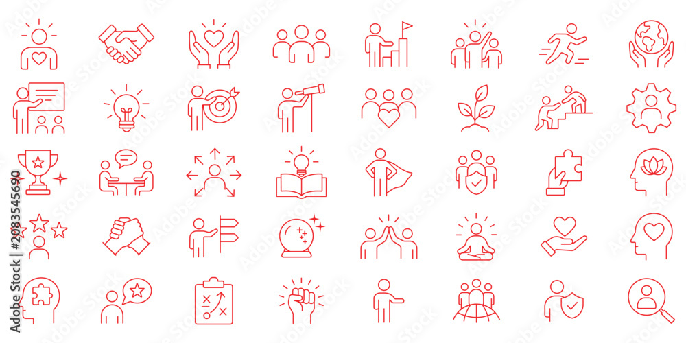 Naklejka premium Business teamwork, team building, work group and human resources minimal thin line web icon set. Outline icons collection. Simple vector illustration