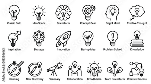 Creative idea generation and innovation icon set depicting brainstorming lightbulbs strategic thinking and problem solving concepts for business development project.