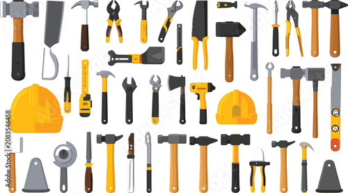 Cuadro en lienzo Industrial Construction Hand Tools and Safety Equipment Vector Set with Hammers