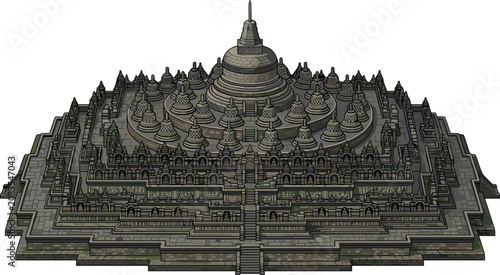 Foto Borobudur Temple Landmark Vector Illustration with Ancient Buddhist Stupas and T