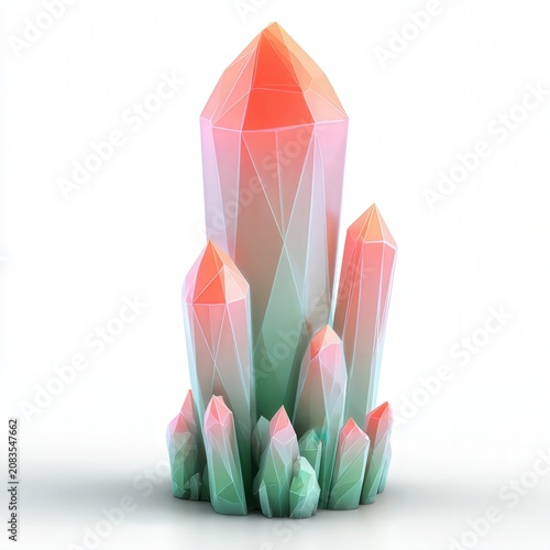 Iridescent faceted crystal cluster statue with orange and teal tones geometric sculpture iridescent gradient