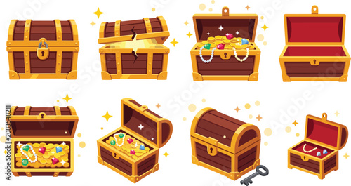 Canvas Print Wooden Treasure Chest Vector Set with Open Closed Empty and Gold Coin Filled Box