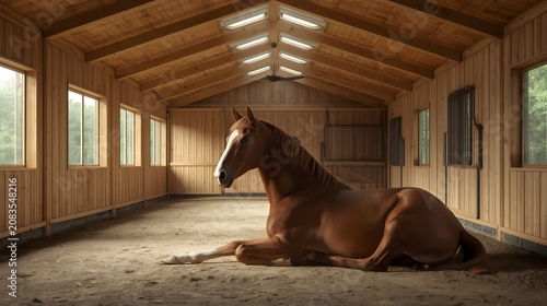 Beautiful Chestnut Horse Lying Down and Resting Inside Spacious Modern Wooden Barn