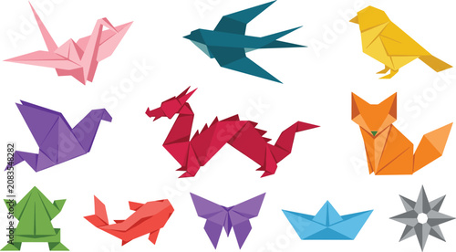 Foto Colorful Origami Paper Animal Vector Set with Traditional Japanese Crane Dragon