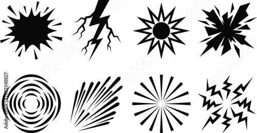 Comic Book Explosion Special Effects Black Silhouette Set Featuring Lightning Bolts Starburst Shockwaves And Impact Sparks Vectors