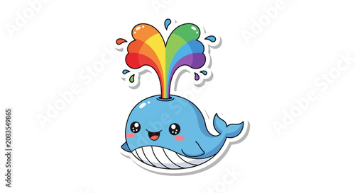 Cuadro en lienzo Cute Cartoon Whale Spouting Rainbow Water Spray, Kawaii Style