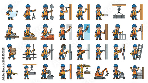 Fotografie Professional Construction Worker Character Sheet with Multiple Editable Line Art