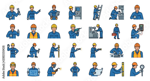 Professional technician in blue jumpsuit wearing safety helmet and gloves working on industrial equipment detailed