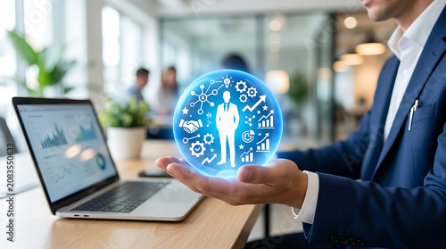 Professional Businessman Holding Digital Business Management Icons in Futuristic Office Environment