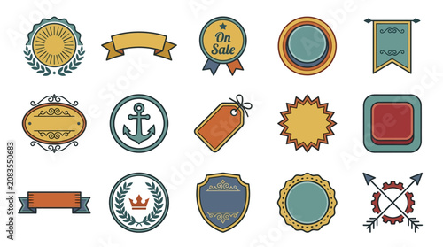 Retro Vintage Labels Buttons and Icons Collection Editable Stroke Decorative Elements Classic Badges Ribbon Tags Sale Stickers Set
