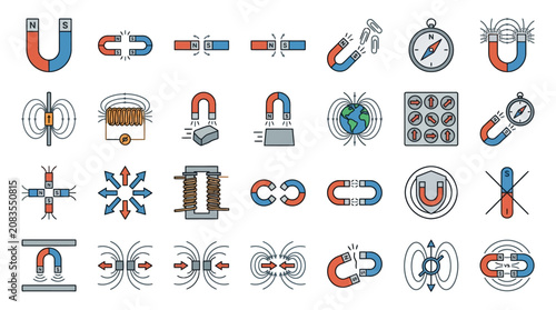 Tableau sur toile Science Magnet Outline Icon Set 30 Editable Stroke Illustrations Attraction Repu