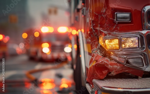 Emergency vehicle involved in accident with truck and fire scene backdrop